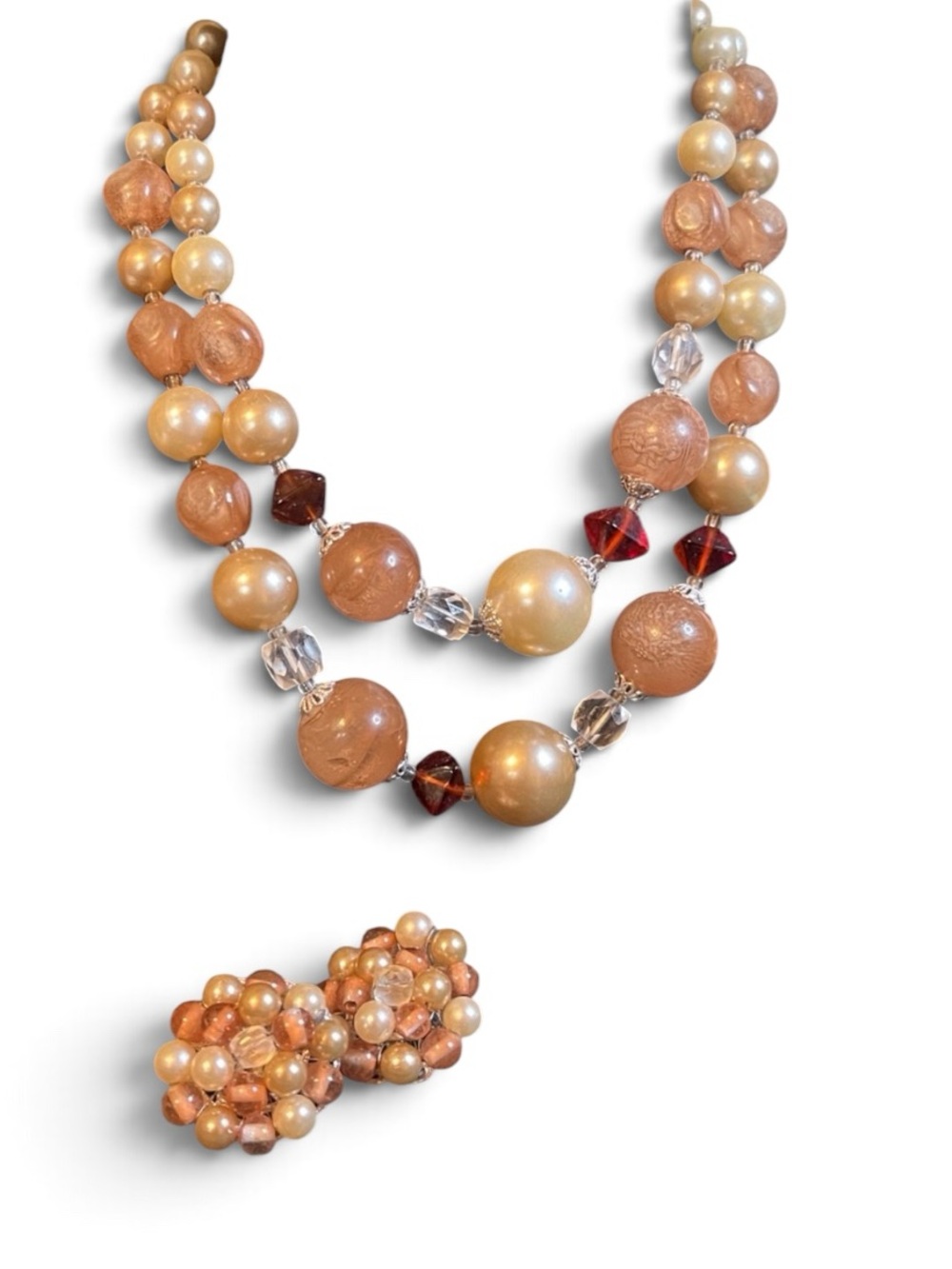 1960’s Japan Champagne & Faux Pearl Beaded Double Strand Necklace & Earring Set
